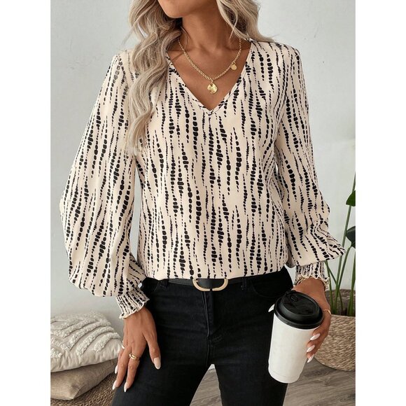 Geometric long sleeve blouse black cream - Picture 1 of 1